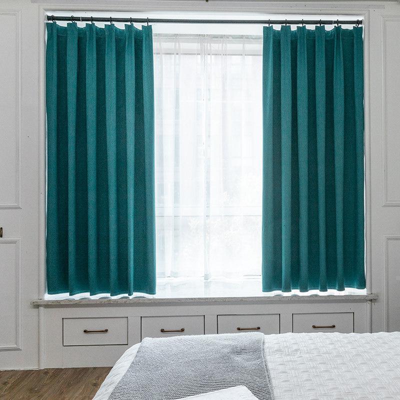 美帮汇全遮光窗帘免打孔安装简易卧室飘窗短帘阳台防晒隔热遮阳布伸缩杆 北欧蓝-隐竹节(TH) (内宽1.6-2.1米用)宽帘1.5*高2米两片