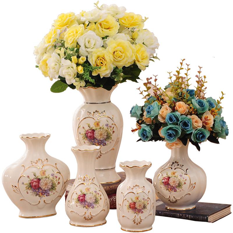 欧式简约现代陶瓷花瓶摆件电视柜装饰品客厅餐厅玄关花插花器 三维工匠 B款花瓶配3束玫瑰花高清大图