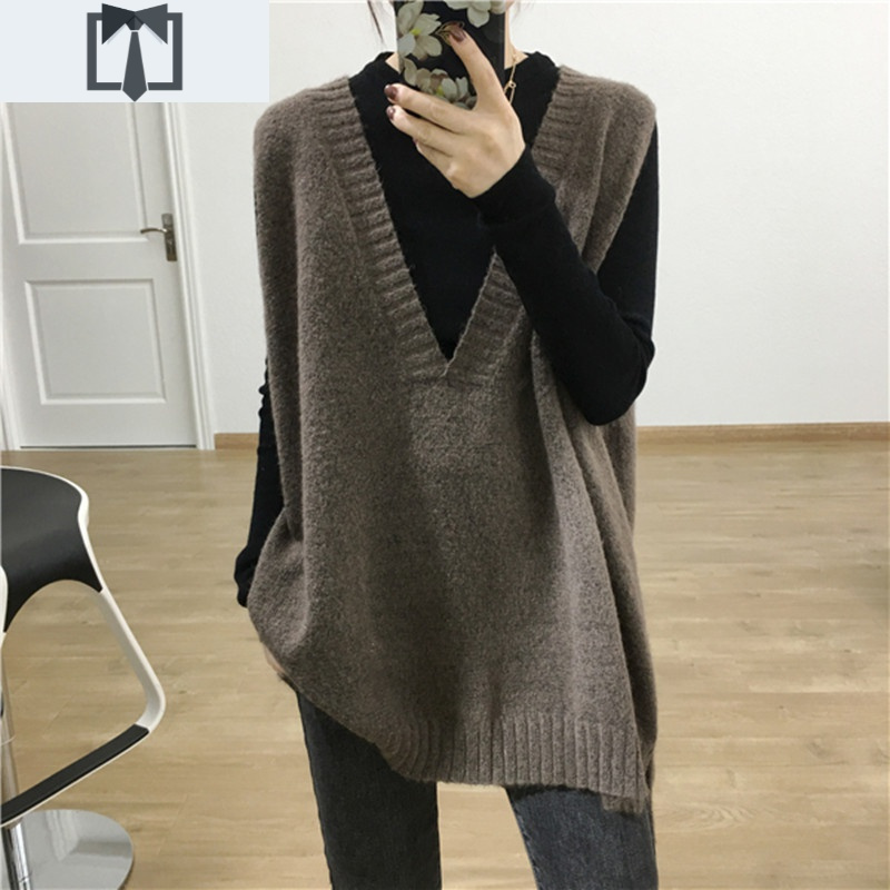 suntek韩版休闲宽松背心女针织马甲外穿无袖毛衣中长款套头毛坎肩毛衣