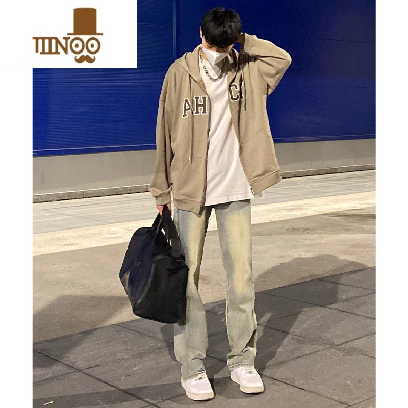 YANXU美式高街水洗做旧黄泥色牛仔裤男秋季复古vintage修身直筒长裤ins高清大图