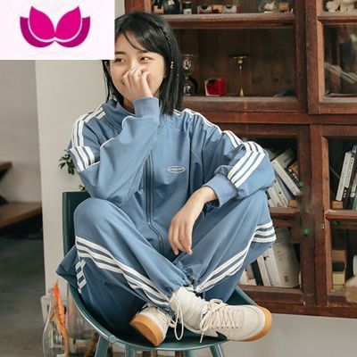 七斓学生跑步运动套装女2023春季宽松体育班服大码休闲套外套薄款 蓝色棉质好质量 L