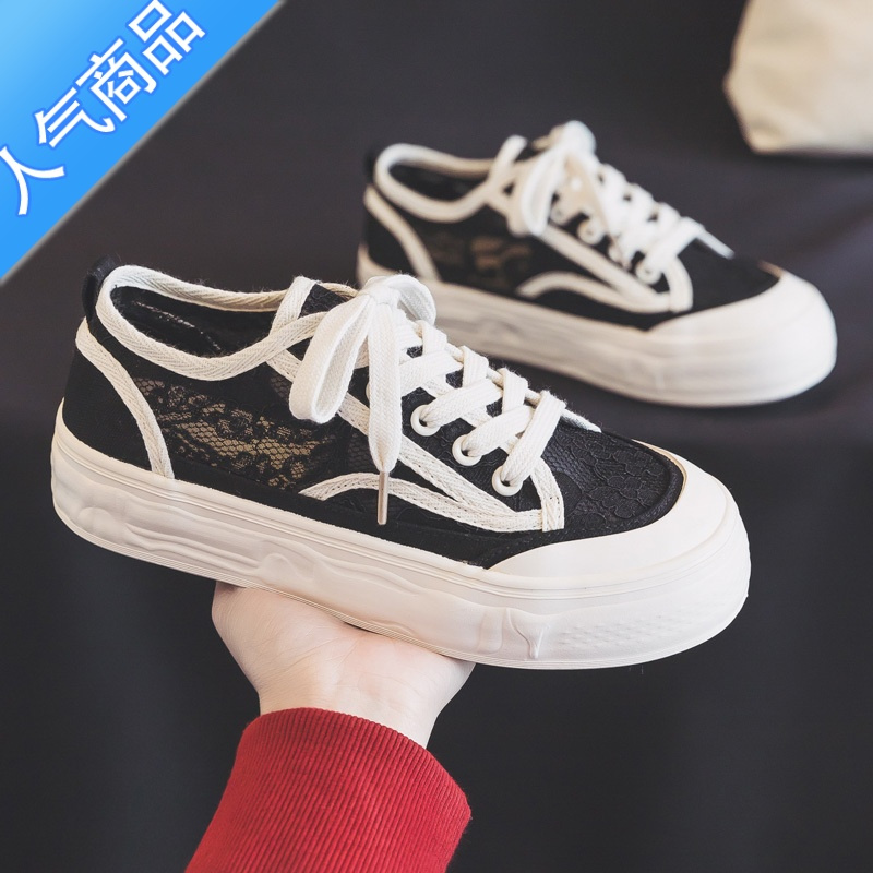 SUNTEK夏季薄款透气蕾丝帆布鞋女鞋2023新款夏款网面网鞋布鞋小白鞋板鞋