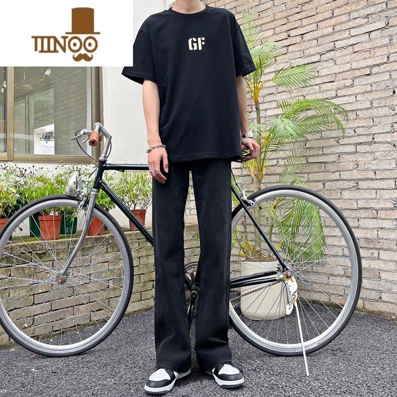 YANXU黄泥色微喇牛仔长裤男宽松直筒夏季垂感裤子男休闲百搭拖地阔腿裤图片