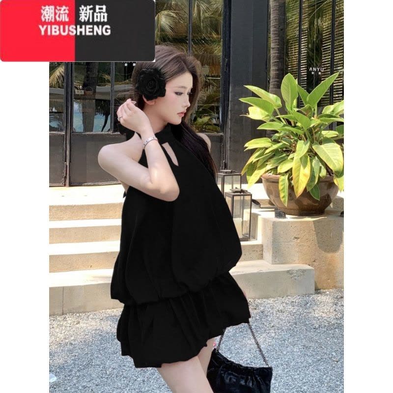 YIBUSHENG红色蝴蝶结性感露背无袖挂脖连衣裙女季纯欲收腰花苞a字短裙子图片