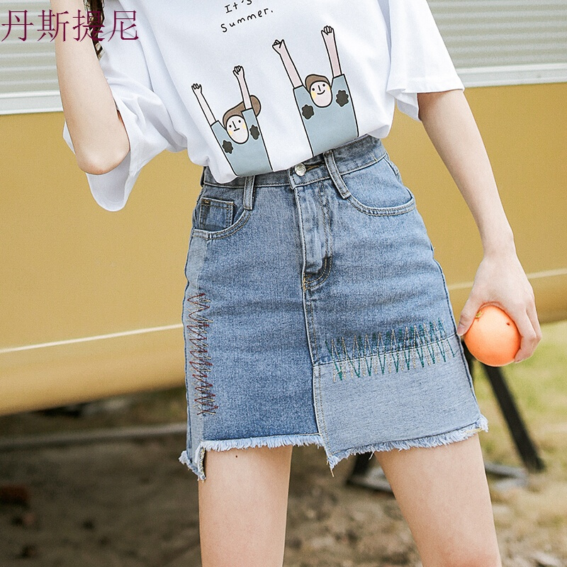 韩版刺绣牛仔短裙女夏2018高腰不规则半身裙a字裙显瘦包臀裙浅蓝色