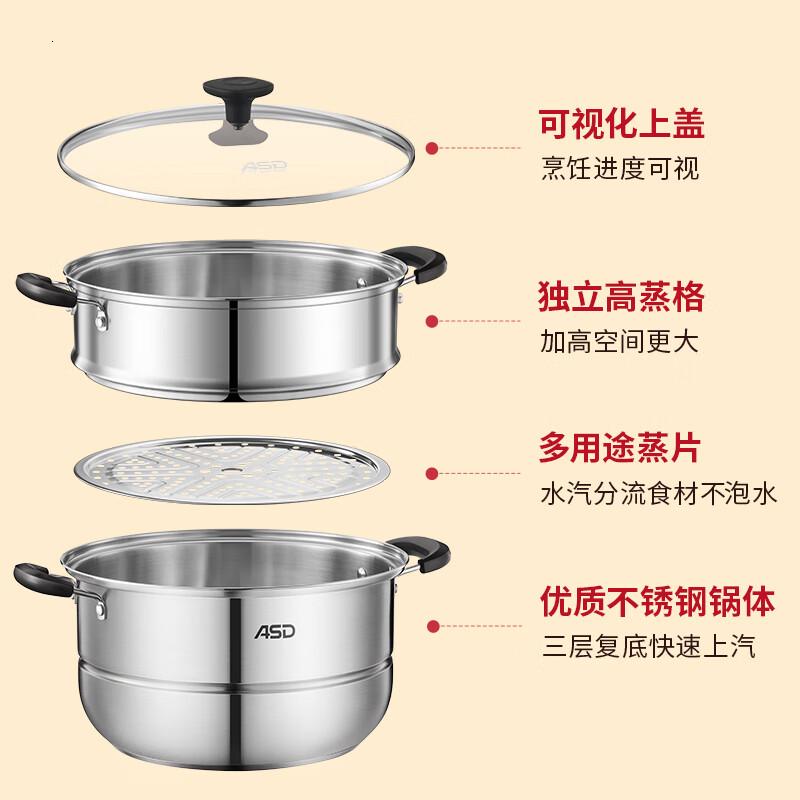 爱仕达蒸锅家用不锈钢锅蒸笼煲汤锅26CM电磁炉燃气通用锅具高清大图