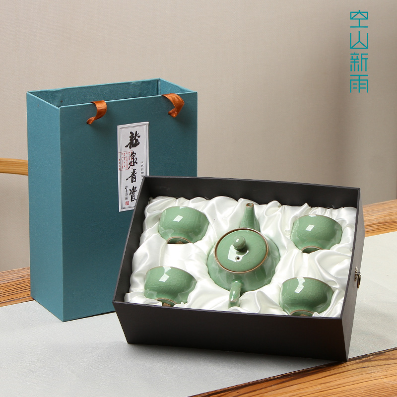 空山新雨 龙泉青瓷功夫茶具套装哥窑梅子青开片(一壶四杯)高清大图