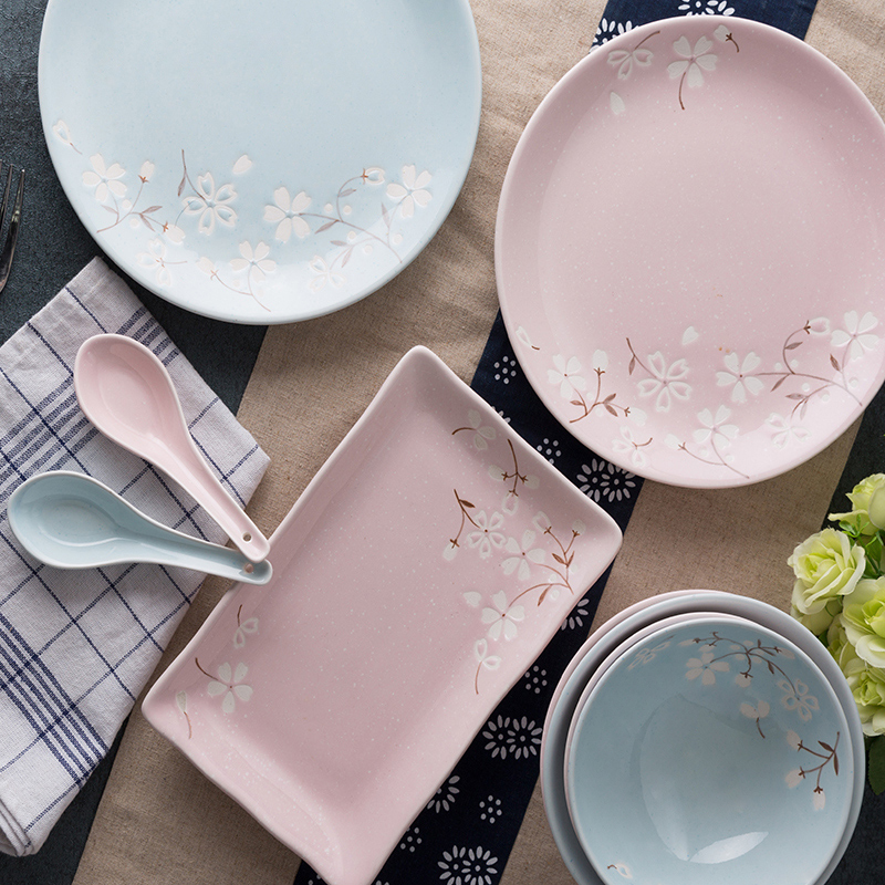 【玉泉】YUQUAN 樱花物语日式餐具套装碗碟 中式印花陶瓷碗盘家用56头粉 高淳陶瓷国产套装