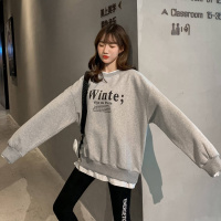 秋冬新款韩版宽松字母百搭假两件加绒圆领卫衣女学生上衣外套 2XL 灰色加绒