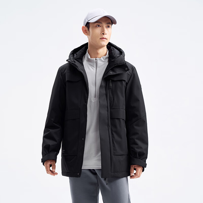 特步(Xtep)男装新款鹅绒加厚保暖连帽中长羽绒服外套976429640184 正黑色 ZP 976429640184正黑色 3XL