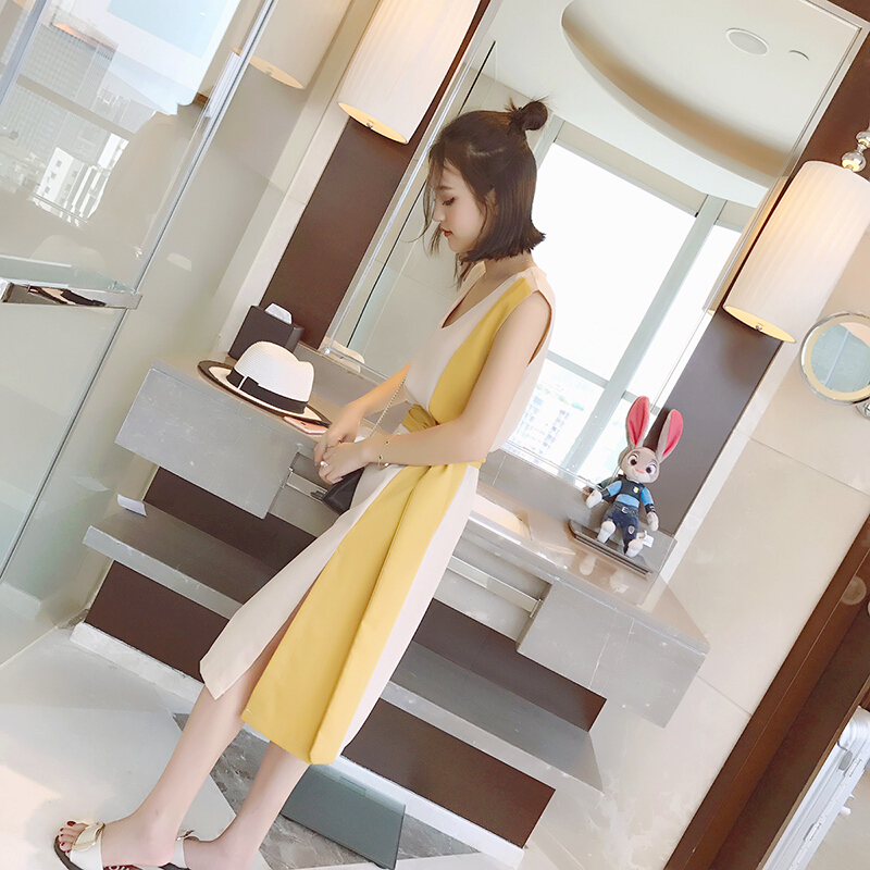 2018夏无袖下摆开衩中长款V领连衣裙女系腰带修身显瘦气质杏色