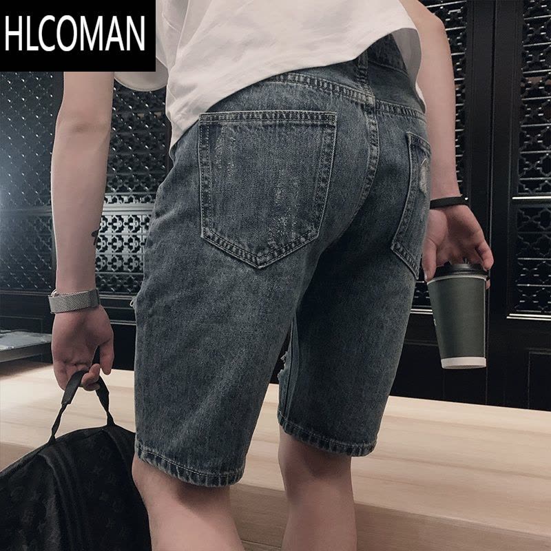 HLCOMAN牛仔短裤破洞夏季薄款男裤子潮流痞帅修身五分裤外穿大裤衩男士帅图片