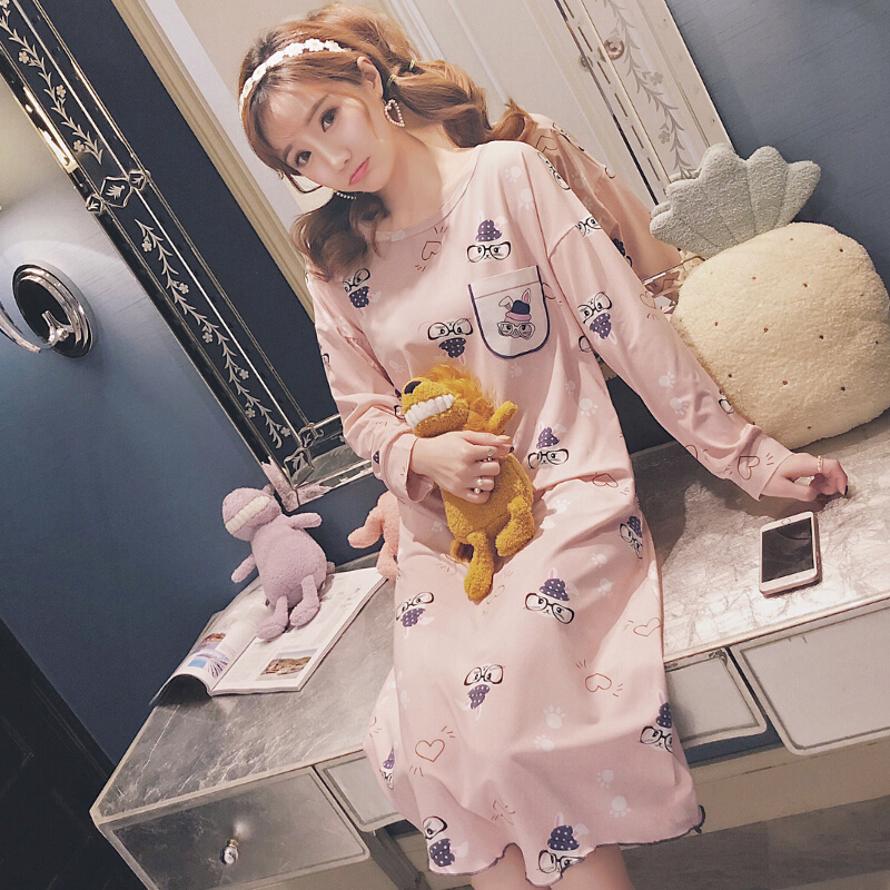 长袖睡裙女秋纯棉甜美公主宽松睡衣韩版学生可爱卡通外穿家居服春粉红色02089眼镜兔