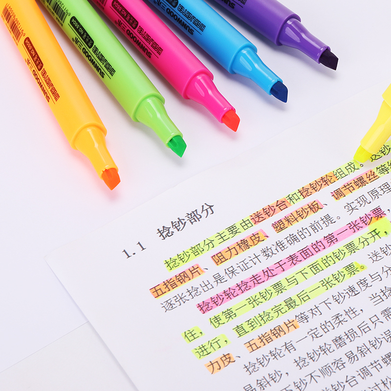 三木5506荧光笔记号笔彩色 笔记粗划重点 套装荧光标记笔 学生用彩色银光的笔按动彩色笔可擦笔 一套6支装