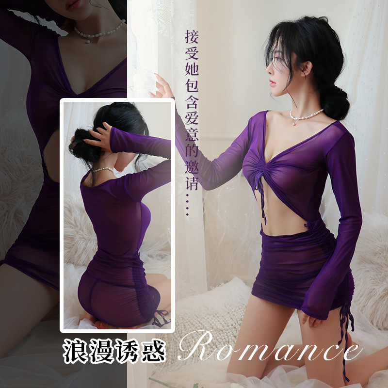 长夜漫漫情趣内衣激情诱惑性感网纱透视长袖包臀裙夜店辣妹女1933 黑色 均码(80-125斤)