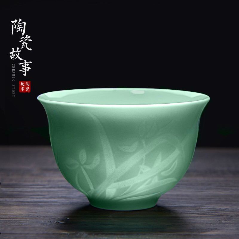 青瓷品茗杯景德镇陶瓷手绘个人小茶碗功夫茶具主人杯子单杯闻香杯 三维工匠 兰-梅子青高清大图