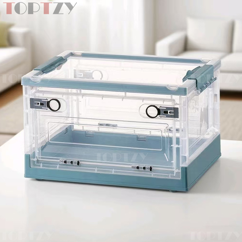 toptzy TZ5071717 户外便携透明折叠箱家用衣物防尘储物柜 透明配蓝色 510*360*300高清大图