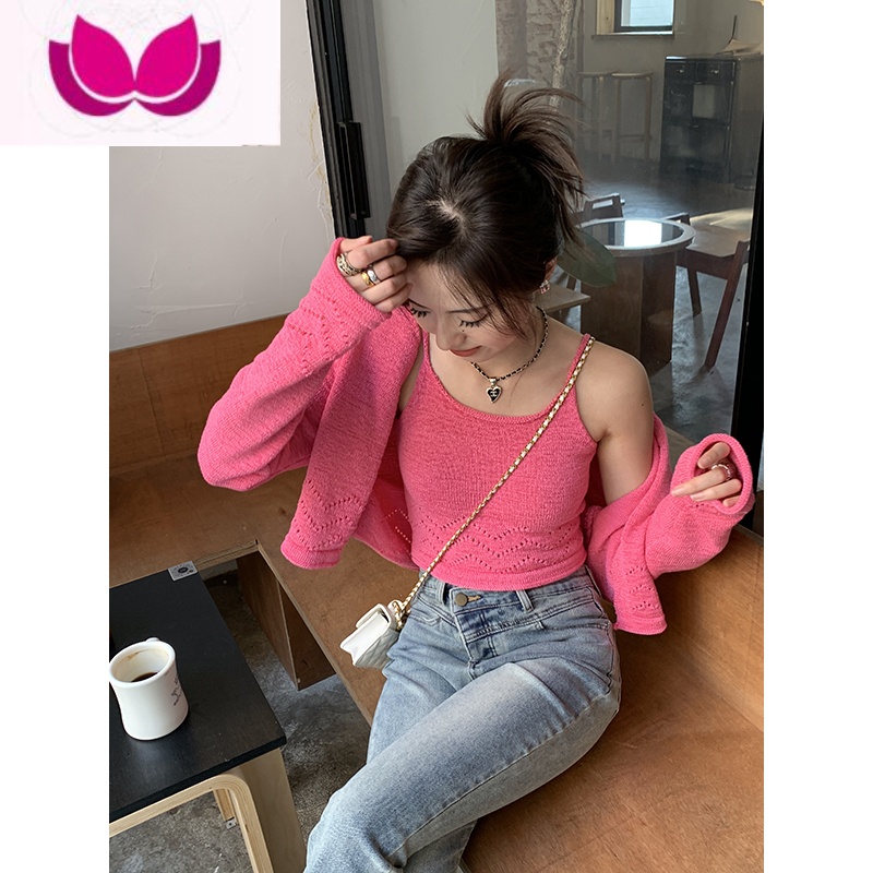 七斓洋气小衫漂亮套装女2023春季新款短款针织开衫吊带背心套高清大图