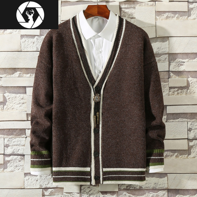 hongzun春秋韩版v领针织开衫男学院风个性潮流外穿加厚毛衣外套宽松大
