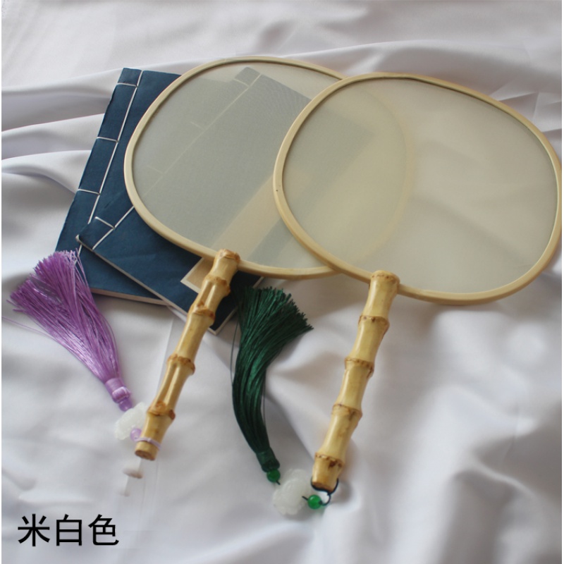 精品空白熟绢扇矾绢团扇工笔手绘画圆扇DIY宫扇古典中国风扇 三维工匠 米白色(竹根款)扇子高清大图