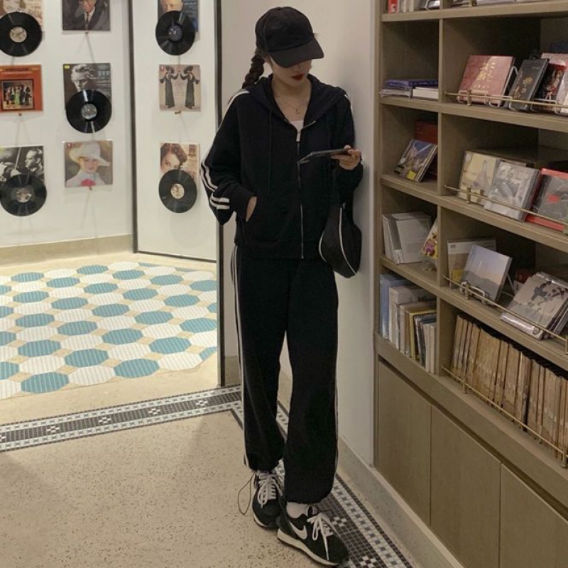休闲运动套装女外套新时尚洋气宽松显瘦卫衣跑步两件套潮 黑色两件套 M