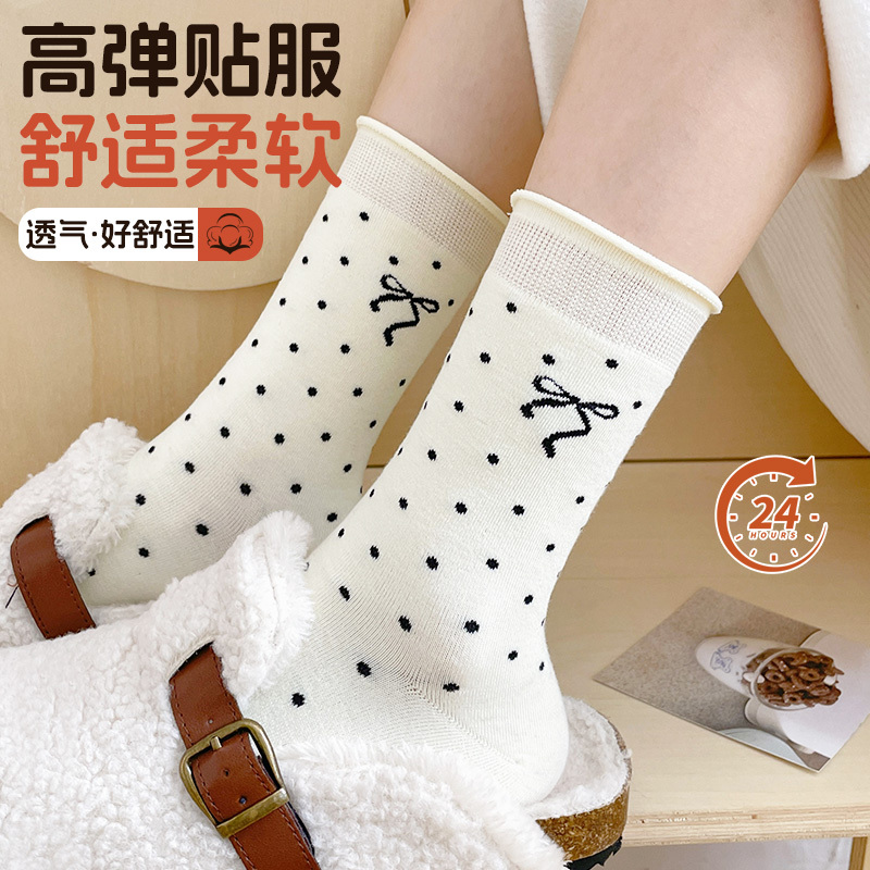 舒跑袜子女款春夏季堆堆袜点点袜中筒蝴蝶结可爱女袜网眼透气舒适亲肤堆堆袜ins日系风