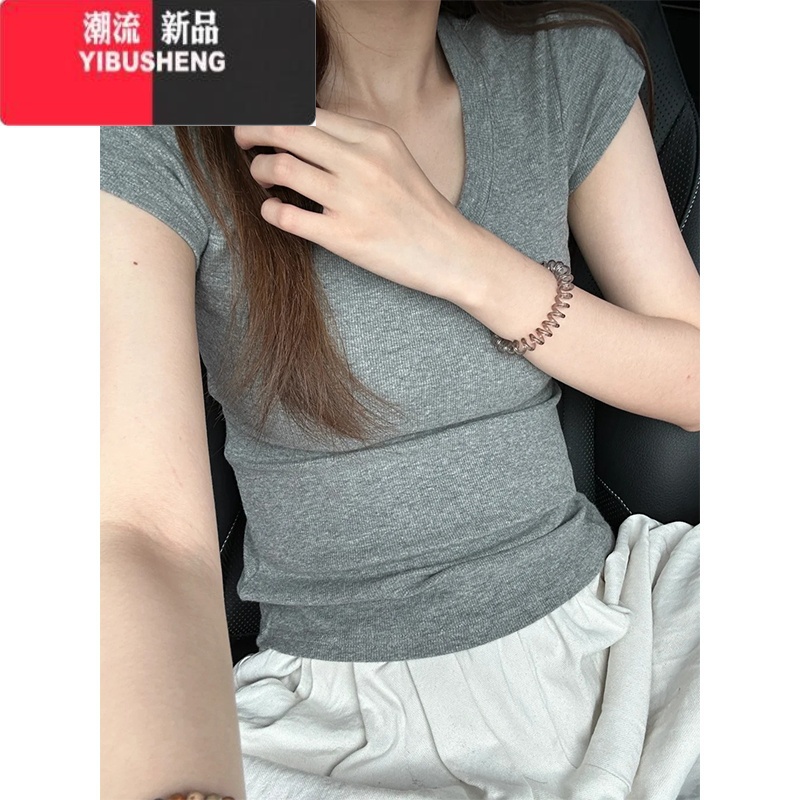 YIBUSHENG灰色U领正肩短袖T恤女季简约百搭美式辣妹修身显瘦收腰上衣高清大图
