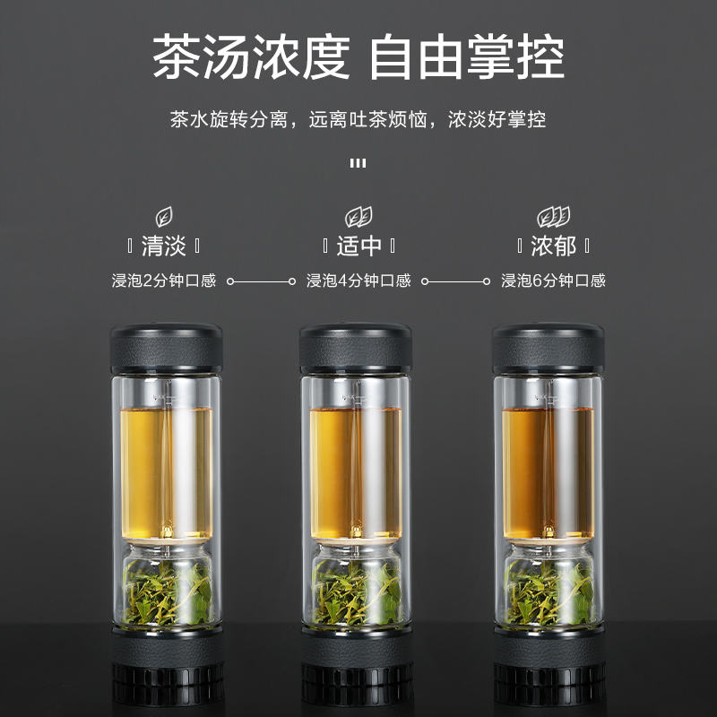 金镶玉 茶杯 办公杯茶水分离杯双层玻璃杯商务杯 泡茶杯礼品杯带过滤创意杯 黑色旋中玄泡茶杯(10个以上可定制)