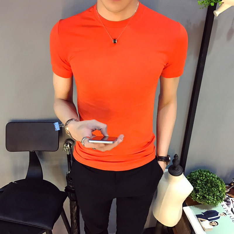 夏季韩版帅气男士修身短袖T恤男半截袖体桖半袖t血青年纯色打底衫