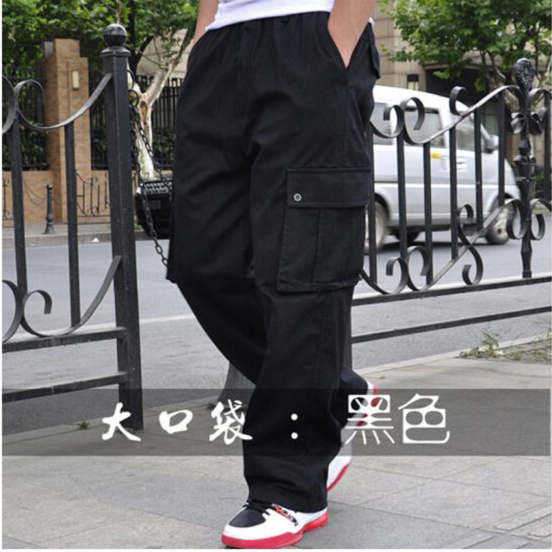 纯棉工装裤男大码男裤多口袋肥佬裤加肥加大户外裤松紧腰直筒休闲裤男宽松运动裤