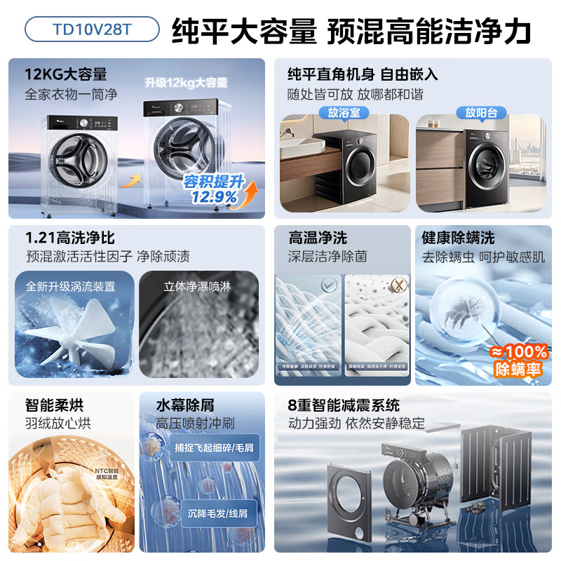 [苏宁自营]小天鹅(LittleSwan)滚筒洗衣机全自动家用带烘干洗烘一体12KG大容量 纯平自由嵌 TD12V28T高清大图