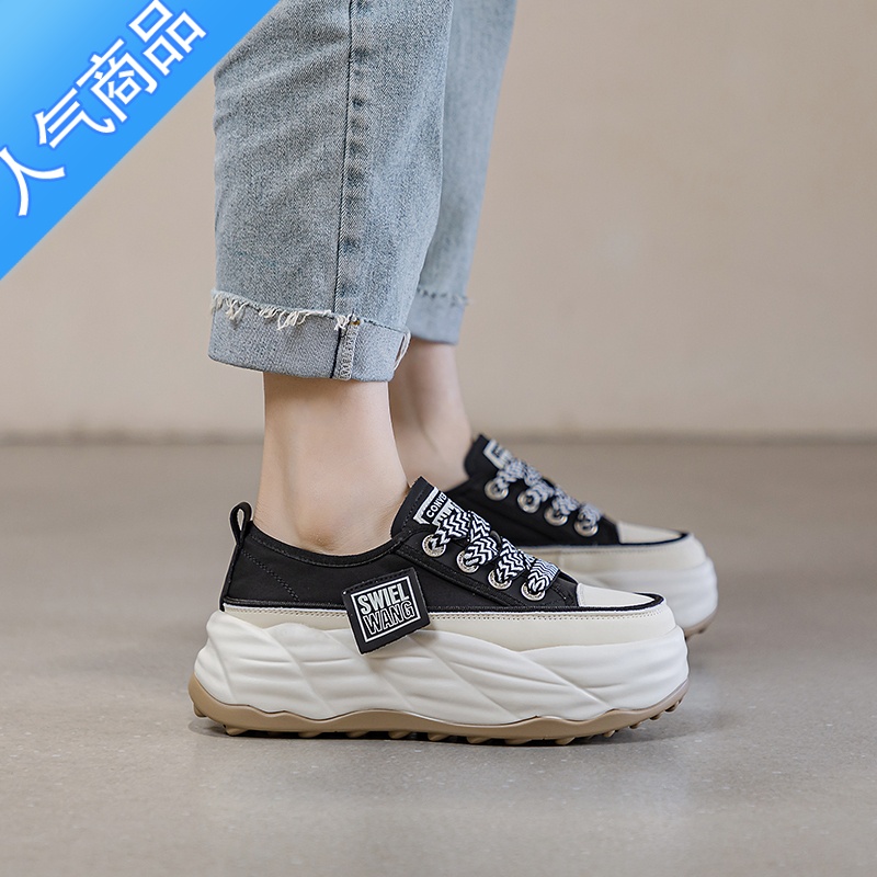 SUNTEK厚底小白鞋女2023夏季新款帆布ins潮百搭松糕鞋休闲运动板鞋高清大图