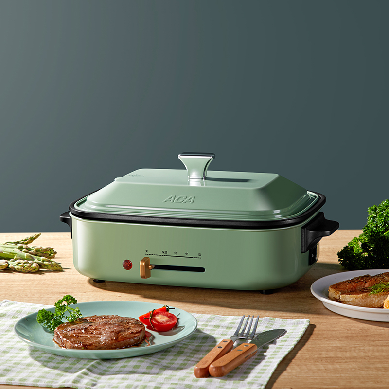 北美电器（ACA）多功能料理锅AH-MP1200 家用多功能锅料理锅 电烧烤锅电火锅蒸锅家用电烤锅烤肉机 绿色标配