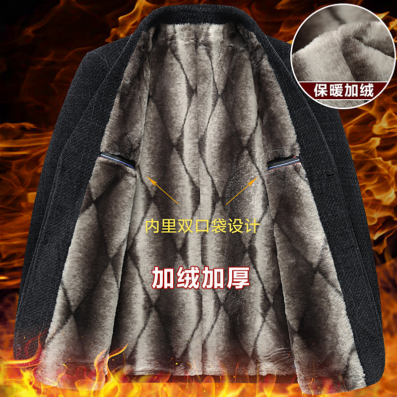 啄木鸟爸爸冬装外套装中年加绒加厚毛呢子西装男中老年人50岁西爸高清大图