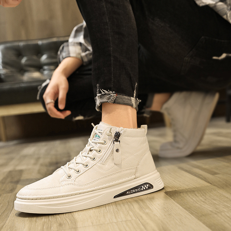 秋冬新款加绒棉鞋高帮男士休闲板鞋防寒保暖便携侧拉链一脚蹬男鞋