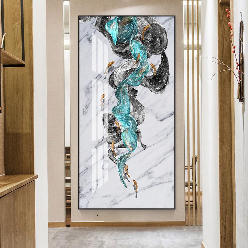 九鱼图玄关装饰画走廊过道挂画客厅酒店 九鱼运财(金色边框) 60*120cm晶瓷画(晶瓷工艺+金属框)统一发金色边框(需高清大图
