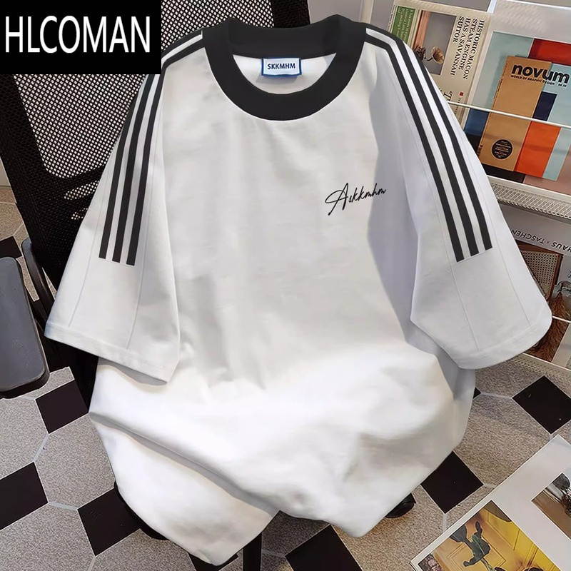 HLCOMAN美式三条杠短袖T恤男女同款夏季潮牌宽松大码情侣装上衣