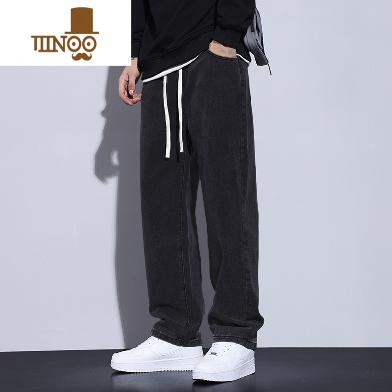 YANXU牛仔裤男夏季复古美式男生松紧腰长裤高街潮流休闲宽松男款直筒裤高清大图