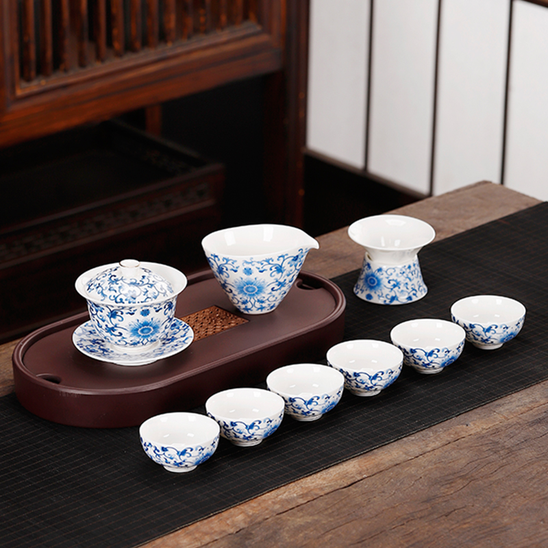 八方礼 青花缠枝连10入盖碗茶具