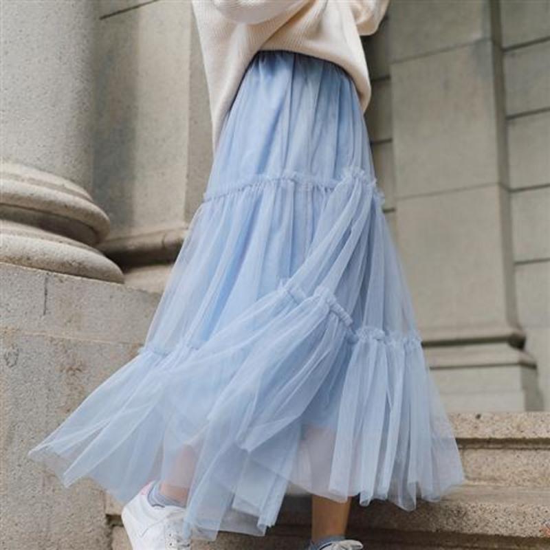 纱裙女半身裙春夏蓬蓬雾霾蓝网纱裙百褶