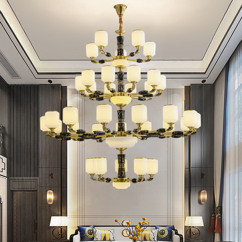 别墅客厅大吊灯新中式全铜复式楼中空黑色陶瓷长吊灯酒店大厅餐厅灯具