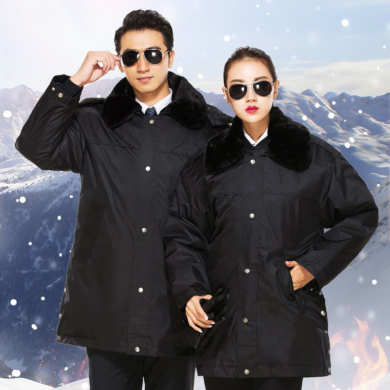 皖川WC-032黑色冬季加厚加长款中长款保安大衣男工作服 防寒服双反保安棉衣制服 多功能大衣高清大图