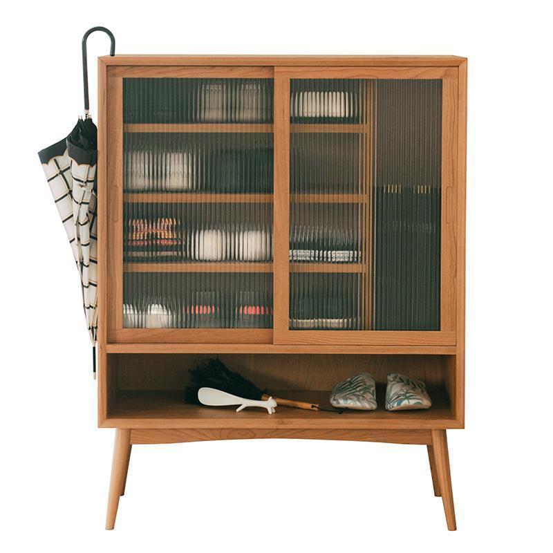 森美人北欧鞋柜实木玻璃玄关柜简约藤编厅柜小户型推拉收纳储物柜 长虹玻璃（推拉门）组装
