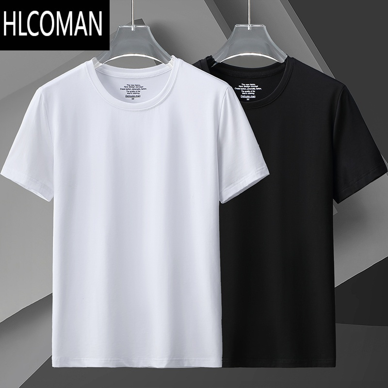 HLCOMAN]冰丝短袖t恤男莫代尔棉夏季薄款打底衫圆领纯色半袖白色体恤
