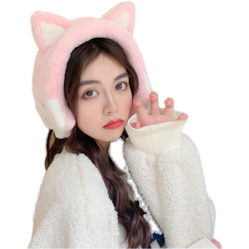 粉色 韩国潮猫咪耳套保暖耳罩女冬季可爱兔耳朵仿兔毛加大护耳神器加厚