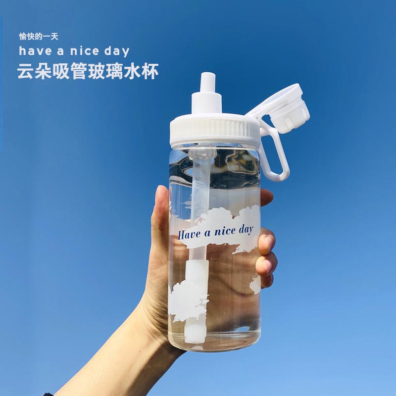 美帮汇小清新云朵玻璃吸管杯便携密封喝水杯学生男女杯子创意情侣随手杯高清大图