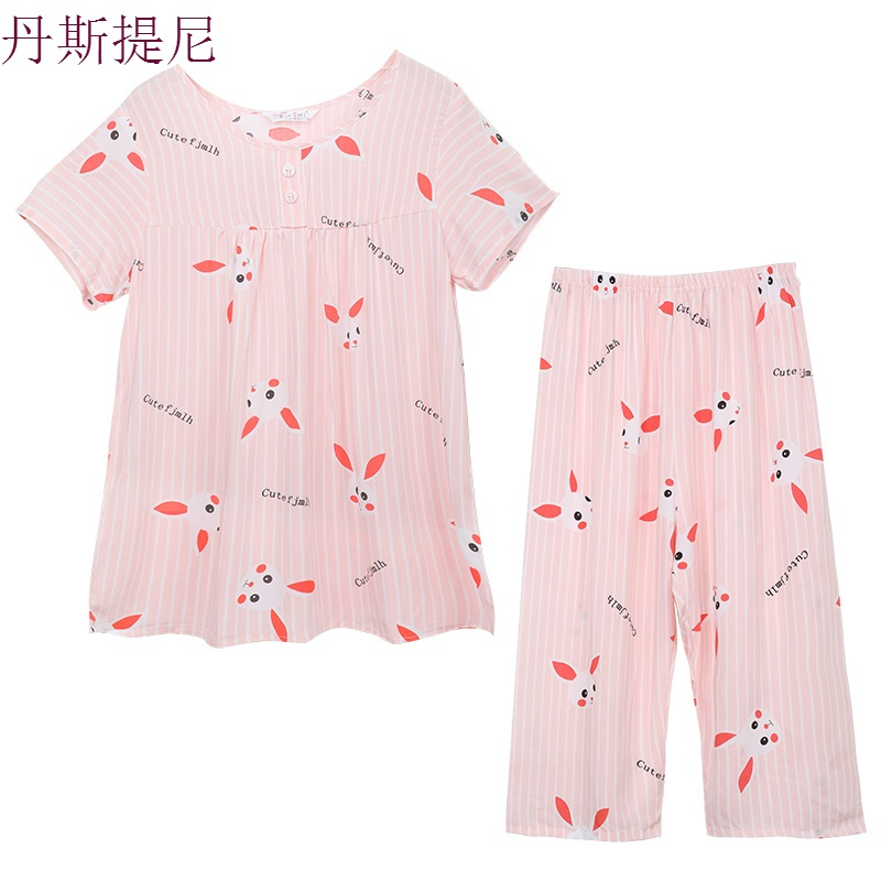夏季纯棉绸睡衣女套装短袖两件套大码薄款人造棉加肥大宽松家居服