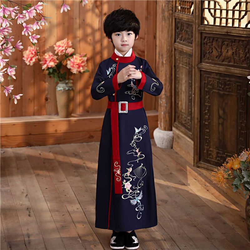 儿童汉服2021春秋复古唐装中国风古装公子侠客少爷服三字经书童服 酒红色 110