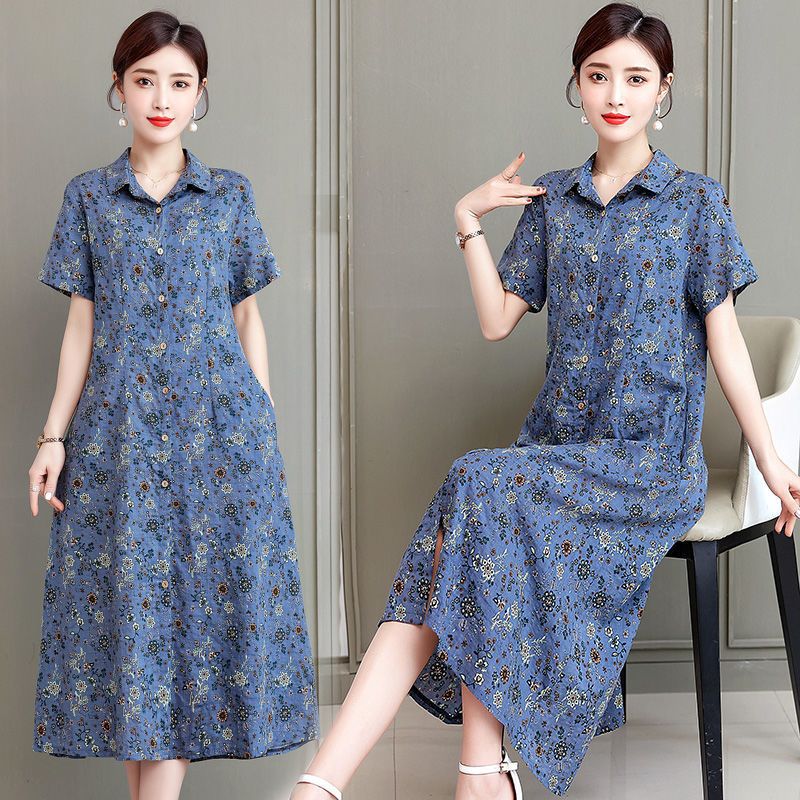 卡洛莱连衣裙妈妈夏装开衫中老年女装碎花中长款过膝宽松印花长裙