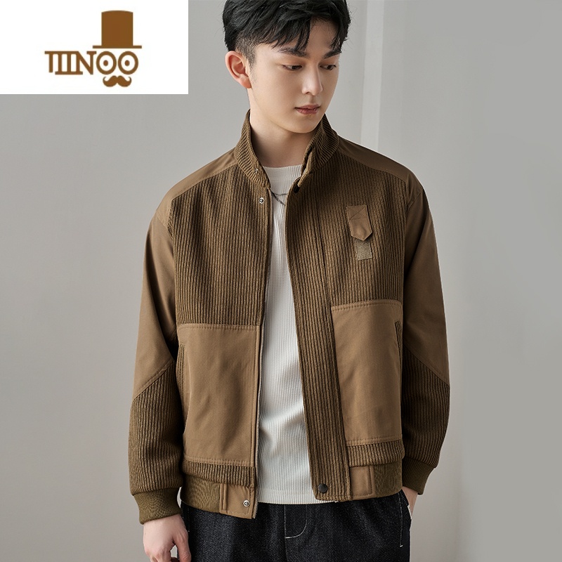 YANXU立领外套男韩版潮流宽松百搭休闲针织拼接皱春装上衣夹克高清大图